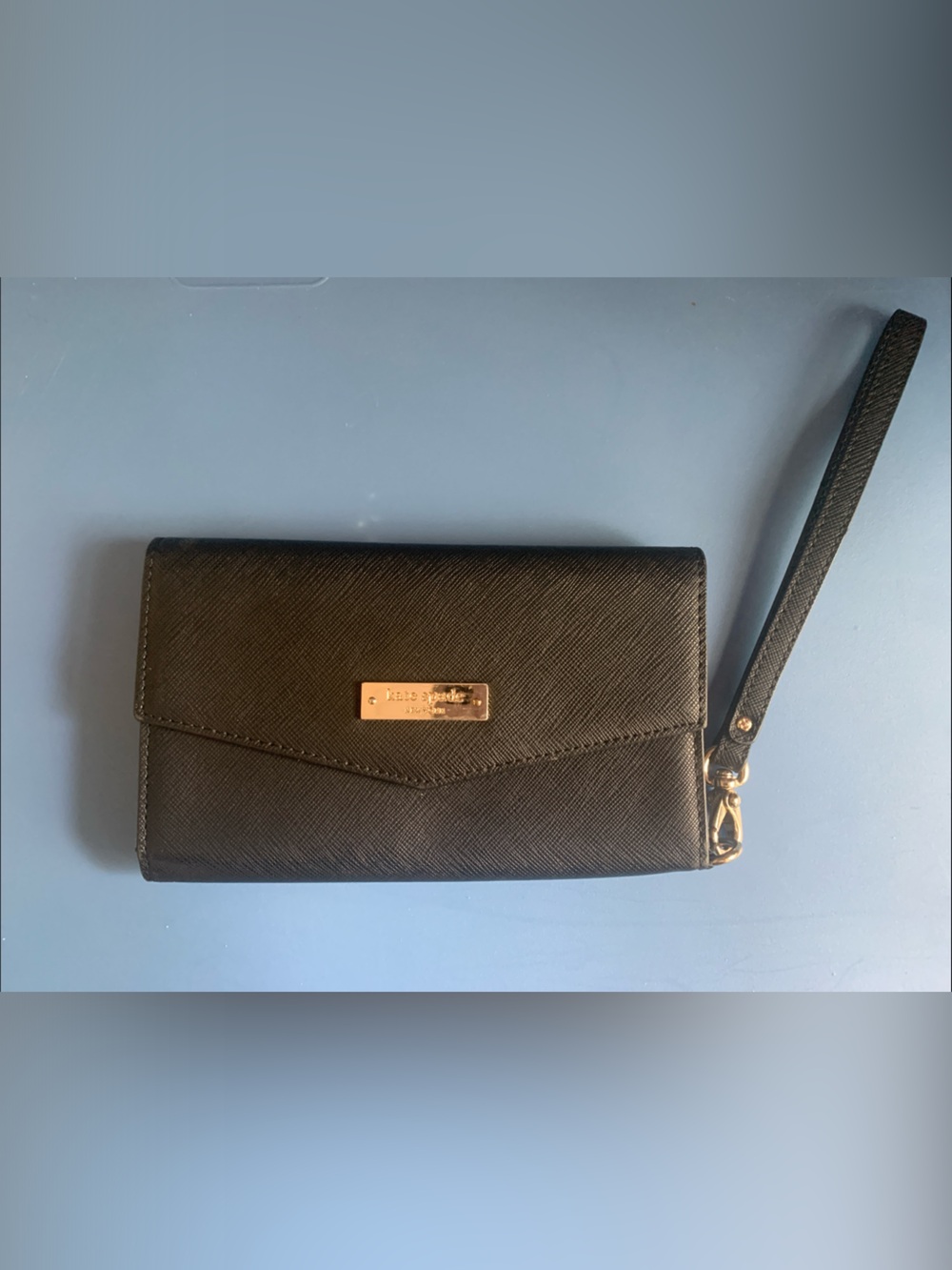 kate spade | Black Saffiano Wristlet Envelope Wallet Clutch with Gold Hardware